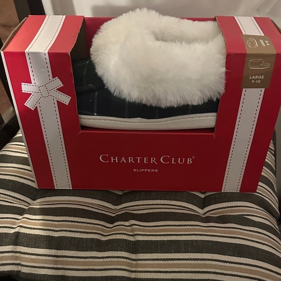 Charter Club Green Plaid Slippers with White Fur - Picture 3 of 5